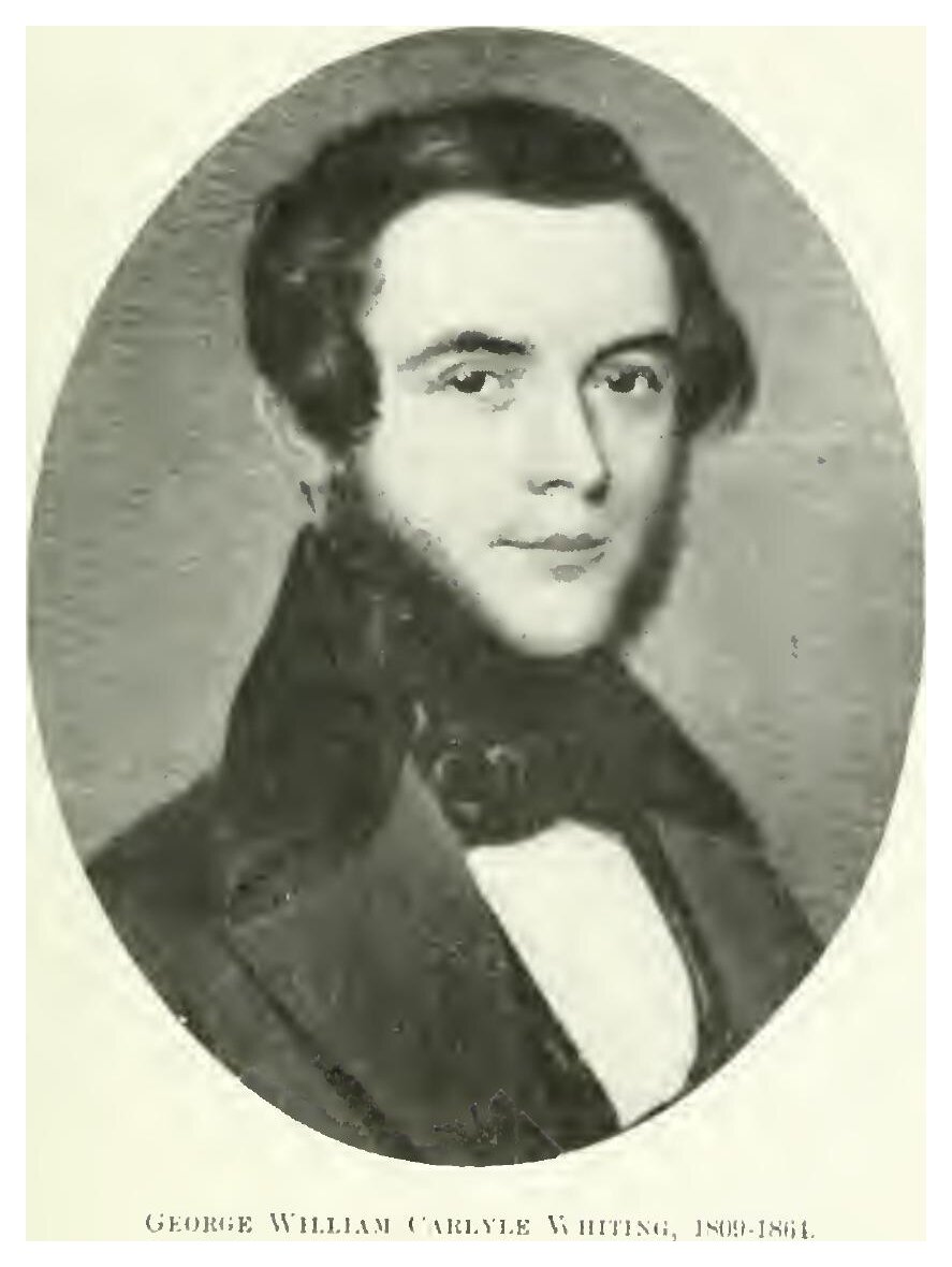 Oval portrait of George William Carlyle Whiting (1809-1864); a dark-haired young man in mid-nineteenth-century dress with a wide cravat.