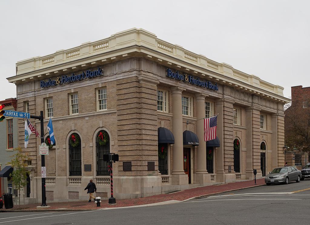 The Burke & Herbert Bank building in Alexandria, Virginia, a city immediately south of Washington, D.C., and once a larger, more thriving river port than the nation's capital city