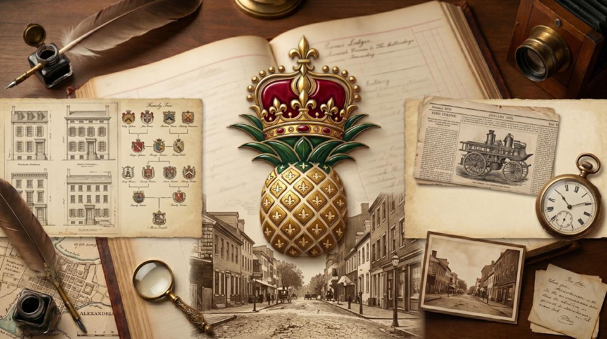 alexandria.kingst.com — editorial still life with the crowned-pineapple site mark, an open ledger, architectural drawings, family heraldry, and historical King Street photographs