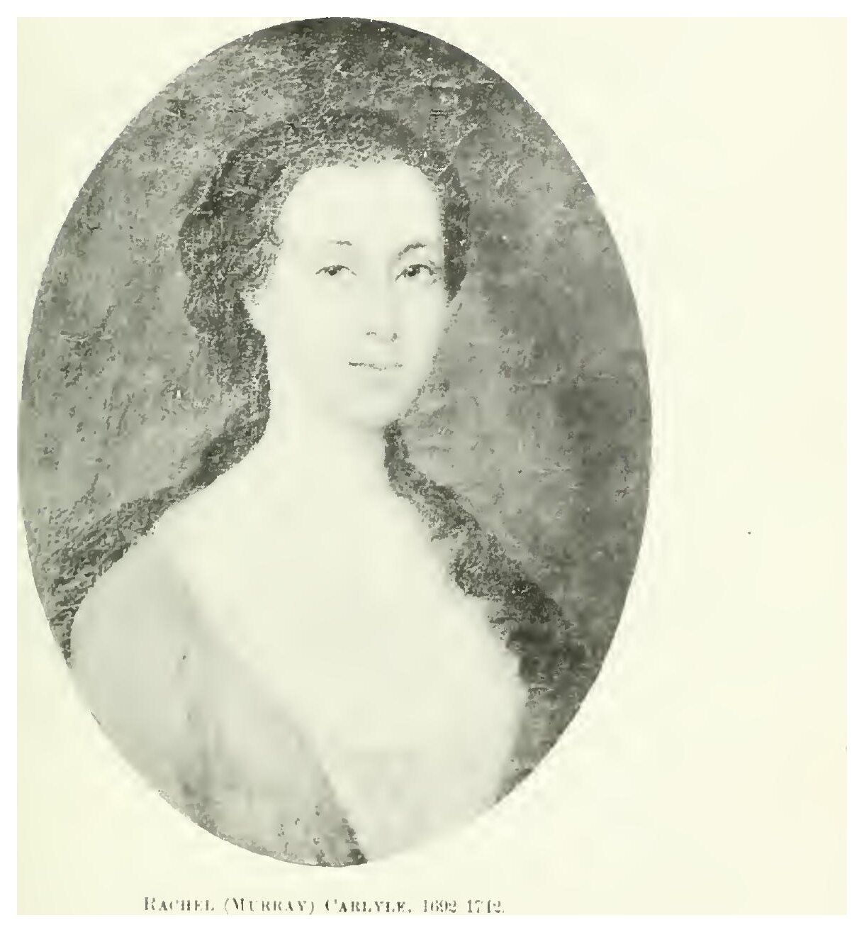 Oval portrait of Rachel (Murray) Carlyle (1692-1742); a young woman with dark hair and dark eyes wearing a draped, low-necked gown.