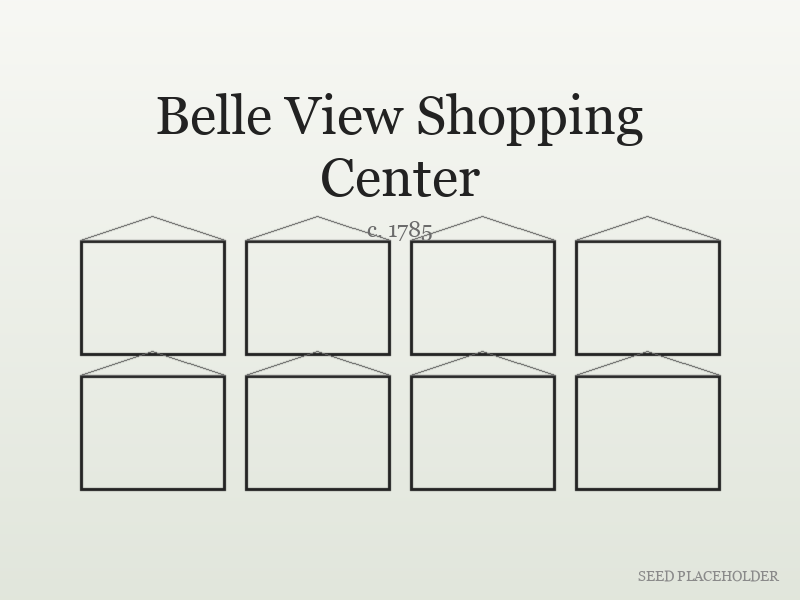 Historical-style illustration of Belle View Shopping Center (colonial-era building complex).