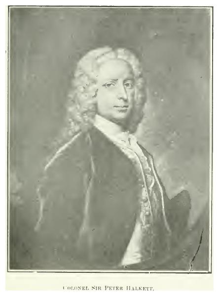 Portrait of Colonel Sir Peter Halkett of the 44th Foot in dark coat with white stock and long curled wig.